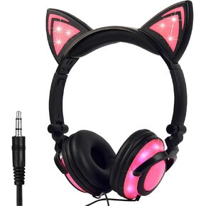 Olyre Kitty Cat Ear Wired Headphones for Kids Teens Adults-with Rechargeable LED Light and 3.5mm Jack,Foldable & Lightweight, Compatible with Android, Tablet, PC (Black & Pink) in Kuwait
