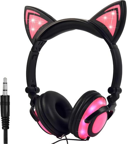 Olyre Kitty Cat Ear Wired Headphones for Kids Teens Adults-with Rechargeable LED Light and 3.5mm Jack,Foldable & Lightweight, Compatible with Android, Tablet, PC (Black & Pink) in Kuwait