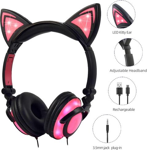 Olyre Kitty Cat Ear Wired Headphones for Kids Teens Adults-with Rechargeable LED Light and 3.5mm Jack,Foldable & Lightweight, Compatible with Android, Tablet, PC (Black & Pink) in Kuwait
