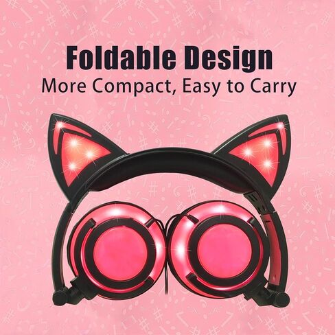 Olyre Kitty Cat Ear Wired Headphones for Kids Teens Adults-with Rechargeable LED Light and 3.5mm Jack,Foldable & Lightweight, Compatible with Android, Tablet, PC (Black & Pink) in Kuwait
