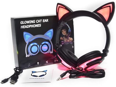 Olyre Kitty Cat Ear Wired Headphones for Kids Teens Adults-with Rechargeable LED Light and 3.5mm Jack,Foldable & Lightweight, Compatible with Android, Tablet, PC (Black & Pink) in Kuwait