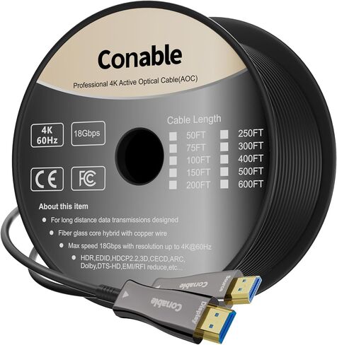 4K HDMI Cable 500 FT, High Speed Fiber Optic HDMI Cable, Unidirectional 18Gbps, Ultra HD, Supports 4K@60Hz, 4:4:4 RGB, HDCP 2.2, 3D ARC, HDR10, Dolby Vision, Zinc Alloy Shell, Slim Cable, OD : 4.8mm in Saudi Arabia