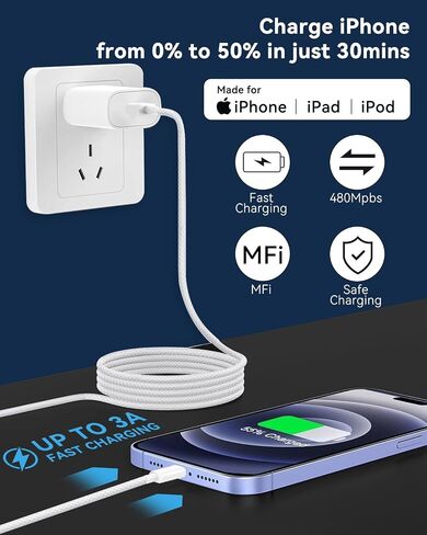 كابل USB C إلى Lightning 3M/10FT، [معتمد من Apple MFi] سلك شاحن iPhone سريع مضفر لتوصيل الطاقة من النوع c إلى كابل Lightning شحن سريع لهاتف Apple iPhone 14 13 12 11 Pro Max X 8 7 Plus والمزيد in Kuwait