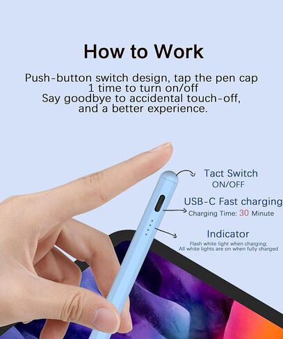 Stylus Pen for iPad 2018-2025, Tilt Sensitivity, Palm Rejection, Fast USB-C Charging, Auto Power Off, Blue Version in Saudi Arabia