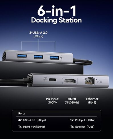 ORICO 6-in-1 USB C Docking Station with 4K HDMI, 2.5G Ethernet, 100W PD Charging, 2 USB-A 3.0 & 1 USB-C 3.0 Ports (5 Gbps), Multiport Adapter for Windows, Mac in Saudi Arabia