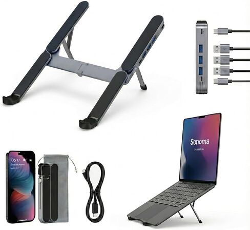 حامل كمبيوتر محمول صغير الحجم YUATAUY مع محطة إرساء محور USB بأربعة منافذ، قابل للطي وقابل للحمل وحامل ألومنيوم مريح قابل للتعديل بـ 6 مستويات، للسفر/المنزل/المكتب/المقهى، يناسب أجهزة MacBook/أجهزة الكمبيوتر المحمولة مقاس 10-16 بوصة in Saudi Arabia