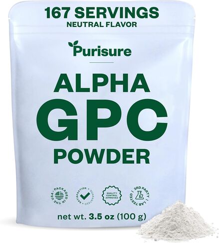 Purisure Alpha GPC 50% Powder, 100 g, Pure Alpha GPC Choline Supplement for Brain and Focus, CDP Choline Supplements for Memory Performance & Concentration, No Fillers, Non-GMO, Offers 167 Servings in Kuwait