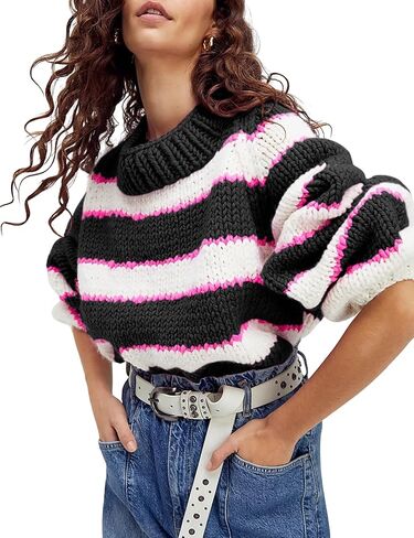 Yeokou Women Stripe Pullover Sweater Turtleneck Ribbed Knit Top Casual Fall Winter Knitwear in Saudi Arabia