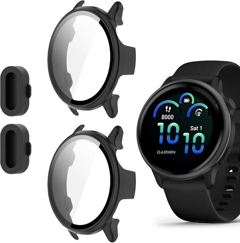 عبوتان لحافظة حماية شاشة الساعة الذكية Garmin vivoactive 6، تغطية كاملة عالية الدقة ورفيعة للغاية مقاومة للخدش، منفذ شاحن + حماية صلبة من البولي كربونات مع فيلم مقسى مدمج (أسود) in Kuwait