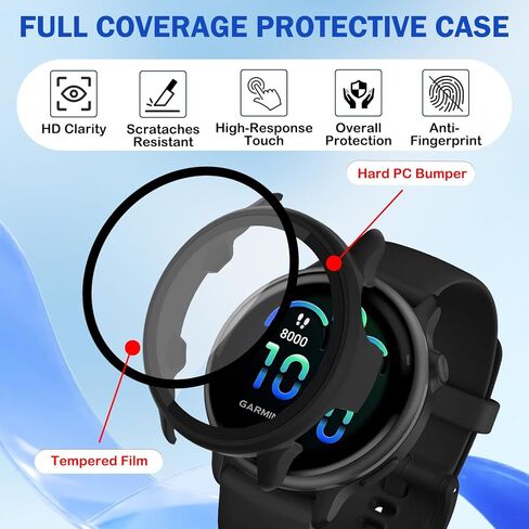 عبوتان لحافظة حماية شاشة الساعة الذكية Garmin vivoactive 6، تغطية كاملة عالية الدقة ورفيعة للغاية مقاومة للخدش، منفذ شاحن + حماية صلبة من البولي كربونات مع فيلم مقسى مدمج (أسود) in Kuwait