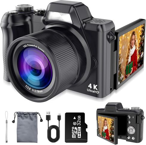 كاميرا رقمية بدقة 4K للتصوير الفوتوغرافي والفيديو، وكاميرا تسجيل فيديو بدقة 56 ميجابكسل مع شاشة قلاب 3 بوصات بزاوية 180 درجة، وكاميرا سفر مدمجة بتكبير 16X، وكاميرات رقمية للبالغين والمبتدئين مع بطاقة SD سعة 32 جيجابايت in Kuwait