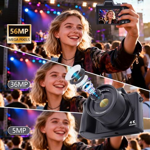 كاميرا رقمية بدقة 4K للتصوير الفوتوغرافي والفيديو، وكاميرا تسجيل فيديو بدقة 56 ميجابكسل مع شاشة قلاب 3 بوصات بزاوية 180 درجة، وكاميرا سفر مدمجة بتكبير 16X، وكاميرات رقمية للبالغين والمبتدئين مع بطاقة SD سعة 32 جيجابايت in Kuwait