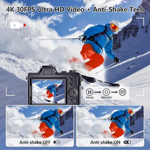 كاميرا رقمية بدقة 4K للتصوير الفوتوغرافي والفيديو، وكاميرا تسجيل فيديو بدقة 56 ميجابكسل مع شاشة قلاب 3 بوصات بزاوية 180 درجة، وكاميرا سفر مدمجة بتكبير 16X، وكاميرات رقمية للبالغين والمبتدئين مع بطاقة SD سعة 32 جيجابايت in Kuwait