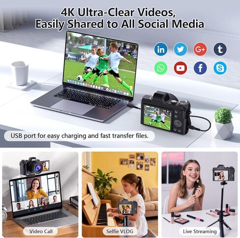 كاميرا رقمية بدقة 4K للتصوير الفوتوغرافي والفيديو، وكاميرا تسجيل فيديو بدقة 56 ميجابكسل مع شاشة قلاب 3 بوصات بزاوية 180 درجة، وكاميرا سفر مدمجة بتكبير 16X، وكاميرات رقمية للبالغين والمبتدئين مع بطاقة SD سعة 32 جيجابايت in Kuwait