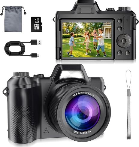 كاميرا رقمية بدقة 4K للتصوير الفوتوغرافي والفيديو، وكاميرا تسجيل فيديو بدقة 56 ميجابكسل مع شاشة قلاب 3 بوصات بزاوية 180 درجة، وكاميرا سفر مدمجة بتكبير 16X، وكاميرات رقمية للبالغين والمبتدئين مع بطاقة SD سعة 32 جيجابايت in Kuwait