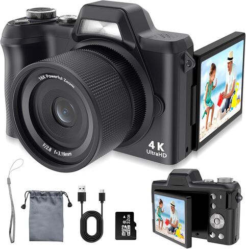 كاميرا رقمية بدقة 4K للتصوير الفوتوغرافي والفيديو، وكاميرا تسجيل فيديو بدقة 56 ميجابكسل مع شاشة قلاب 3 بوصات بزاوية 180 درجة، وكاميرا سفر مدمجة بتكبير 16X، وكاميرات رقمية للبالغين والمبتدئين مع بطاقة SD سعة 32 جيجابايت in Kuwait