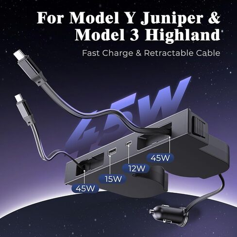 موزع USB 65 وات لطراز Tesla 3، الطراز الجديد Y Juniper 2024 2025 2026 - شاحن سريع لملحقات Tesla Model 3 Highland، محور شاحن USB للهاتف قابل للسحب 4 منافذ، كابلين من النوع C (أسود) in Saudi Arabia