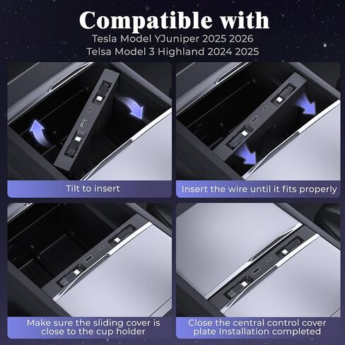 موزع USB 65 وات لطراز Tesla 3، الطراز الجديد Y Juniper 2024 2025 2026 - شاحن سريع لملحقات Tesla Model 3 Highland، محور شاحن USB للهاتف قابل للسحب 4 منافذ، كابلين من النوع C (أسود) in Saudi Arabia