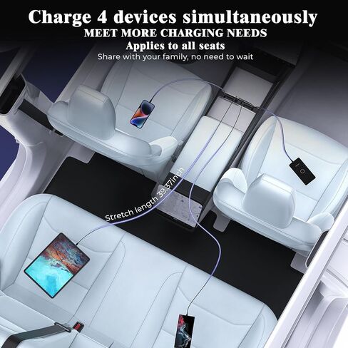 موزع USB 65 وات لطراز Tesla 3، الطراز الجديد Y Juniper 2024 2025 2026 - شاحن سريع لملحقات Tesla Model 3 Highland، محور شاحن USB للهاتف قابل للسحب 4 منافذ، كابلين من النوع C (أسود) in Saudi Arabia