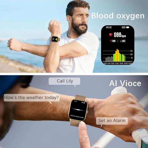 ساعة ذكية للنساء والرجال للياقة البدنية: مقاومة للماء لإجراء المكالمات، ساعات رقمية للرجال، عداد الخطى، ساعة ذكية لهواتف Android، iPhone، سامسونج، مراقب معدل ضربات القلب، SpO2، متتبع الخطوات، ذهبي in Kuwait