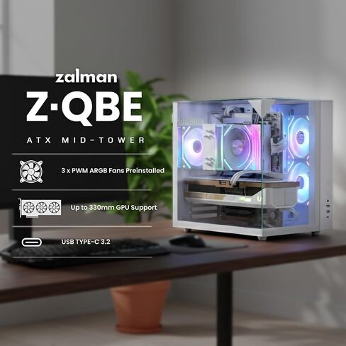 Zalman ZQBE ATX Mid Tower PC Case, 3 x PWM ARGB Fans with Multi-Port Fan Hub RGB Controller Included, USB Type-C 3.2, 240mm Radiator Support, Full-View Panoramic Tempered Glass Panels, White in Kuwait