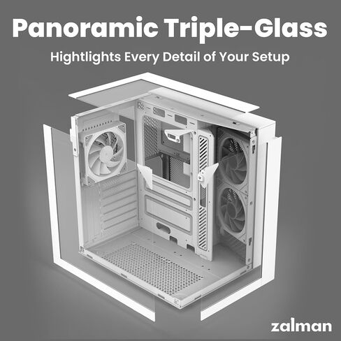 Zalman ZQBE ATX Mid Tower PC Case, 3 x PWM ARGB Fans with Multi-Port Fan Hub RGB Controller Included, USB Type-C 3.2, 240mm Radiator Support, Full-View Panoramic Tempered Glass Panels, White in Kuwait