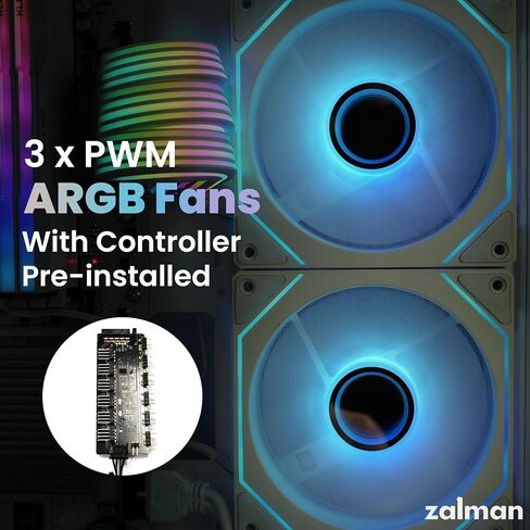 Zalman ZQBE ATX Mid Tower PC Case, 3 x PWM ARGB Fans with Multi-Port Fan Hub RGB Controller Included, USB Type-C 3.2, 240mm Radiator Support, Full-View Panoramic Tempered Glass Panels, White in Kuwait