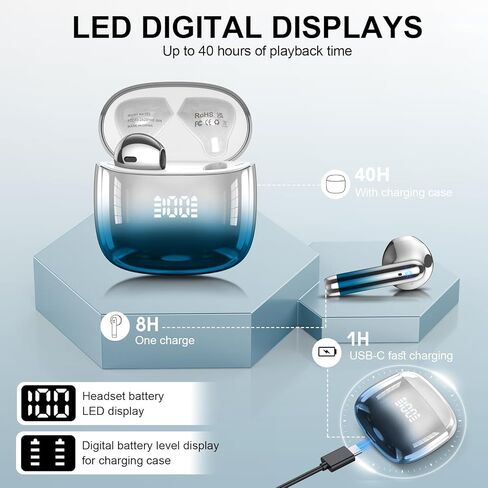 سماعات أذن لاسلكية، سماعات أذن بلوتوث 48 ساعة وقت اللعب مع شاشة عرض طاقة LED، سماعات أذن بلوتوث 5.4 مقاومة للماء IPX7 مع 4 ميكروفونات لأجهزة الكمبيوتر المحمول التي تعمل بنظام Android iOS، أرجواني in Kuwait