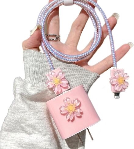 Cute Cable Protector for iPhone Charger Cover,3D Cherry Blossoms Flowers Charger Cord Protector for Women Girl,Charger Accessories Phone Cord Protector for iPhone8 11 12 13 14 15 16 Plus Pro Max-Pink in Saudi Arabia