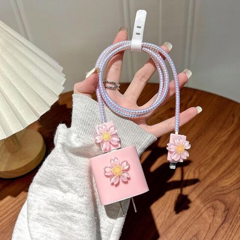 Cute Cable Protector for iPhone Charger Cover,3D Cherry Blossoms Flowers Charger Cord Protector for Women Girl,Charger Accessories Phone Cord Protector for iPhone8 11 12 13 14 15 16 Plus Pro Max-Pink in Saudi Arabia