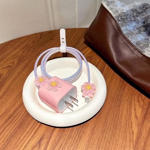 Cute Cable Protector for iPhone Charger Cover,3D Cherry Blossoms Flowers Charger Cord Protector for Women Girl,Charger Accessories Phone Cord Protector for iPhone8 11 12 13 14 15 16 Plus Pro Max-Pink in Saudi Arabia