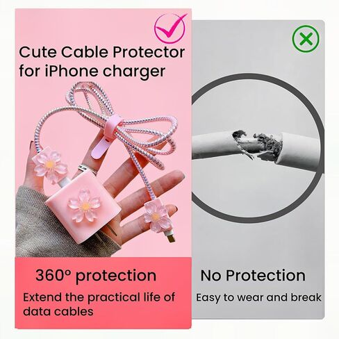 Cute Cable Protector for iPhone Charger Cover,3D Cherry Blossoms Flowers Charger Cord Protector for Women Girl,Charger Accessories Phone Cord Protector for iPhone8 11 12 13 14 15 16 Plus Pro Max-Pink in Saudi Arabia
