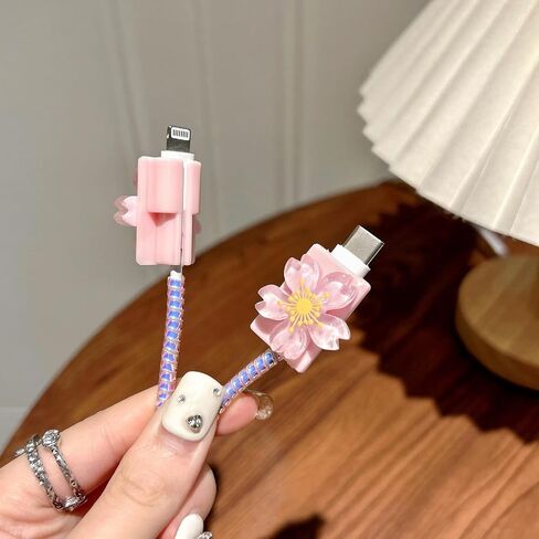 Cute Cable Protector for iPhone Charger Cover,3D Cherry Blossoms Flowers Charger Cord Protector for Women Girl,Charger Accessories Phone Cord Protector for iPhone8 11 12 13 14 15 16 Plus Pro Max-Pink in Saudi Arabia