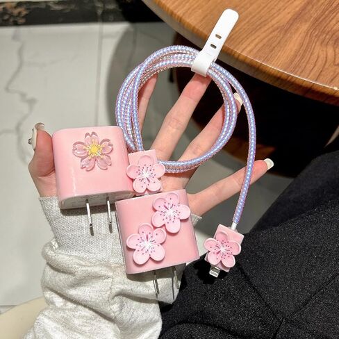 Cute Cable Protector for iPhone Charger Cover,3D Cherry Blossoms Flowers Charger Cord Protector for Women Girl,Charger Accessories Phone Cord Protector for iPhone8 11 12 13 14 15 16 Plus Pro Max-Pink in Saudi Arabia