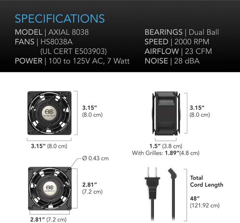 AC Infinity AXIAL 8038، مروحة مافن هادئة، 120 فولت تيار متردد 80 مم × 38 مم سرعة منخفضة، معتمدة من UL لمشاريع عادم تهوية التبريد DIY (عبوة من قطعتين) in Saudi Arabia