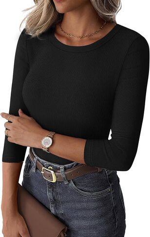 نساء 3/4 قمم الأكمام مضلعة متماسكة قليلة القمصان الضيقة الضيقة Crewneck tee theirt 2025 الخريف ملابس غير رسمية in Saudi Arabia