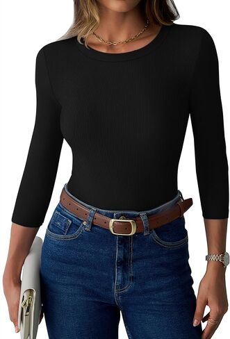 نساء 3/4 قمم الأكمام مضلعة متماسكة قليلة القمصان الضيقة الضيقة Crewneck tee theirt 2025 الخريف ملابس غير رسمية in Saudi Arabia
