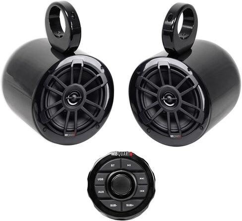 جهاز استقبال بمقياس بحري MB Quart GMR1.5S2B مع بلوتوث + (2) حزمة مكبرات صوت سوداء مقاس 6.5 بوصة مع 2 حاوية مكبر صوت Rockville MAC65B مقاس 6.5 بوصة من الألومنيوم الأسود على شكل برج ويك بورد in Kuwait