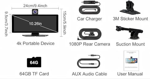 شاشة سيارة محمولة مقاس 10.26 بوصة مع ميزة CarPlay اللاسلكية وAndroid Auto، وملاحة GPS مدمجة للشاحنة، وكاميرا داش 4K وكاميرا احتياطية 1080 بكسل in Kuwait