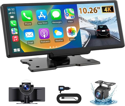 10.26" Wireless CarPlay Screen for Car: 4K Dash Cam & 1080P Backup Camera, Portable Touchscreen Car Stereo for Apple Carplay & Android Auto, GPS Navigation, Mirror Link, BT, FM, Voice Control in Saudi Arabia