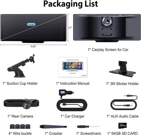 10.26" Wireless CarPlay Screen for Car: 4K Dash Cam & 1080P Backup Camera, Portable Touchscreen Car Stereo for Apple Carplay & Android Auto, GPS Navigation, Mirror Link, BT, FM, Voice Control in Saudi Arabia