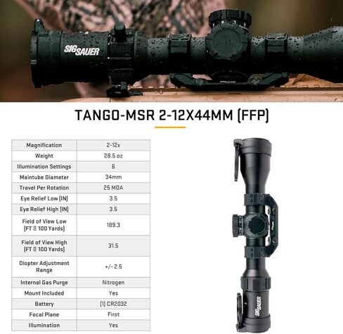 SIG SAUER Tango-MSR 2-12x44mm أنبوب 34 مم F1/المستوى البؤري الأول عالي التكبير متين مقاوم للصدمات ومقاوم للماء ومضاد للضباب للصيد الأسود - أغطية العدسات وحامل Alpha-MSR 34 مم 1.232 بوصة متضمن in Kuwait