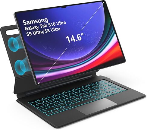 حافظة لوحة مفاتيح Samsung Galaxy Tab S10 Ultra/S9 Ultra/S8 Ultra مقاس 14.6 بوصة، حامل عائم مغناطيسي، لوحة مفاتيح بإضاءة خلفية ذات 3 مستويات و7 ألوان مع لوحة تتبع، وضع Dex، أسود غير لامع in Kuwait