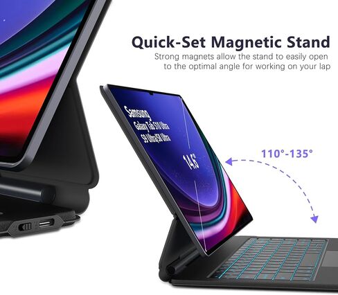 حافظة لوحة مفاتيح Samsung Galaxy Tab S10 Ultra/S9 Ultra/S8 Ultra مقاس 14.6 بوصة، حامل عائم مغناطيسي، لوحة مفاتيح بإضاءة خلفية ذات 3 مستويات و7 ألوان مع لوحة تتبع، وضع Dex، أسود غير لامع in Kuwait