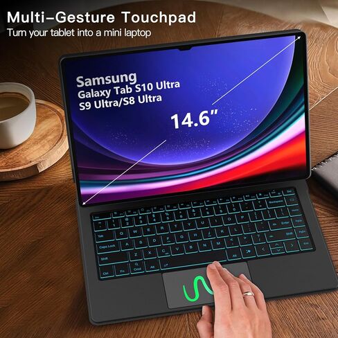 حافظة لوحة مفاتيح Samsung Galaxy Tab S10 Ultra/S9 Ultra/S8 Ultra مقاس 14.6 بوصة، حامل عائم مغناطيسي، لوحة مفاتيح بإضاءة خلفية ذات 3 مستويات و7 ألوان مع لوحة تتبع، وضع Dex، أسود غير لامع in Kuwait