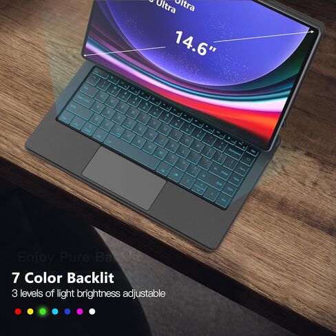 حافظة لوحة مفاتيح Samsung Galaxy Tab S10 Ultra/S9 Ultra/S8 Ultra مقاس 14.6 بوصة، حامل عائم مغناطيسي، لوحة مفاتيح بإضاءة خلفية ذات 3 مستويات و7 ألوان مع لوحة تتبع، وضع Dex، أسود غير لامع in Kuwait