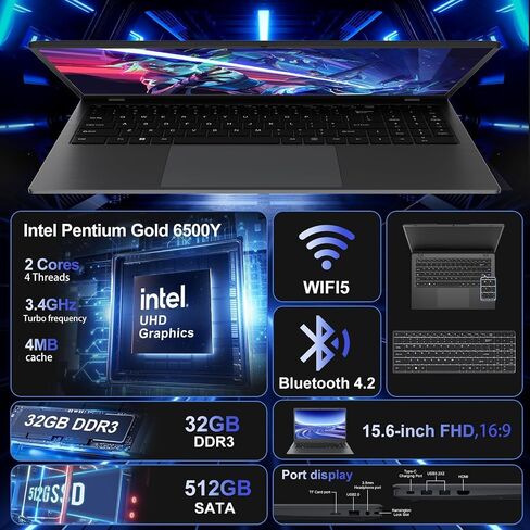 كمبيوتر محمول 2025، معالج Pentium Gold 6500Y (يصل إلى 3.4 جيجا هرتز)، ذاكرة الوصول العشوائي 32 جيجا بايت 512 جيجا بايت SSD، شاشة FHD IPS مقاس 15.6 بوصة، بطارية 5000 مللي أمبير في الساعة، النوع C، أجهزة كمبيوتر محمولة محمولة للأعمال والمكاتب المنزلية in Saudi Arabia