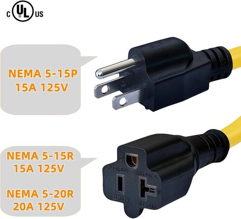 1-Foot 15 Amp Household AC Plug to 20 Amp T Blade Adapter Cable，14AWG 1-Foot 15 Amp to 20 Amp Plug Adapter Cord Nema 5-15P to 5-15R/5-20R 20Amp Comb AC Power Cord, Yellow in Saudi Arabia