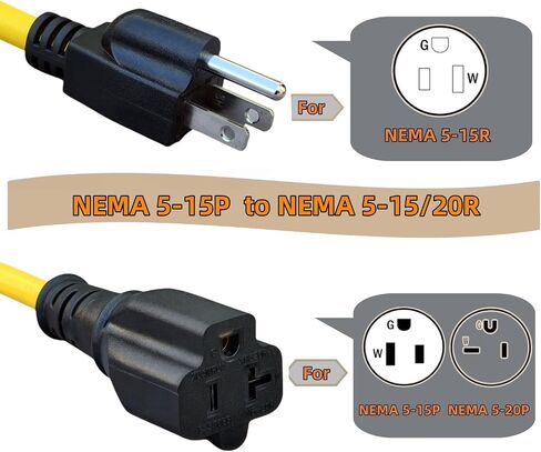 1-Foot 15 Amp Household AC Plug to 20 Amp T Blade Adapter Cable，14AWG 1-Foot 15 Amp to 20 Amp Plug Adapter Cord Nema 5-15P to 5-15R/5-20R 20Amp Comb AC Power Cord, Yellow in Saudi Arabia