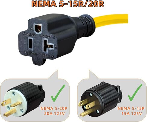 1-Foot 15 Amp Household AC Plug to 20 Amp T Blade Adapter Cable，14AWG 1-Foot 15 Amp to 20 Amp Plug Adapter Cord Nema 5-15P to 5-15R/5-20R 20Amp Comb AC Power Cord, Yellow in Saudi Arabia